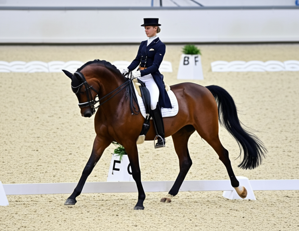 Dressage horse and rider performing in a competition arena