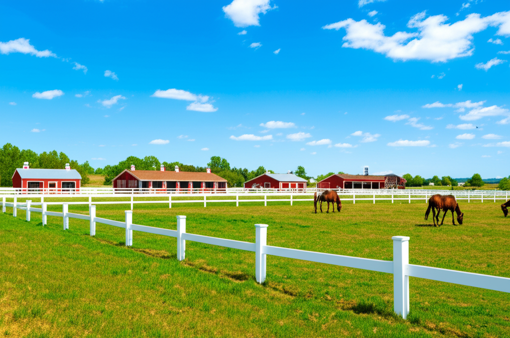 Horse boarding facility with green pastures and white fences
