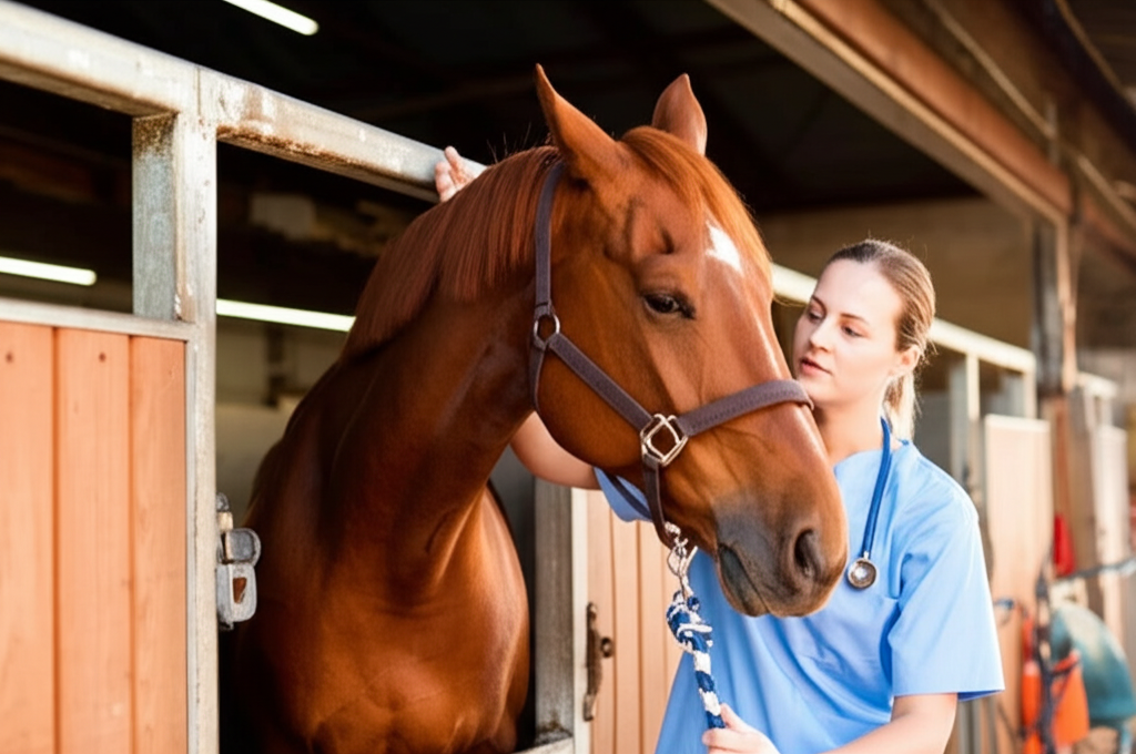 Veterinarian examining a horse in a stable