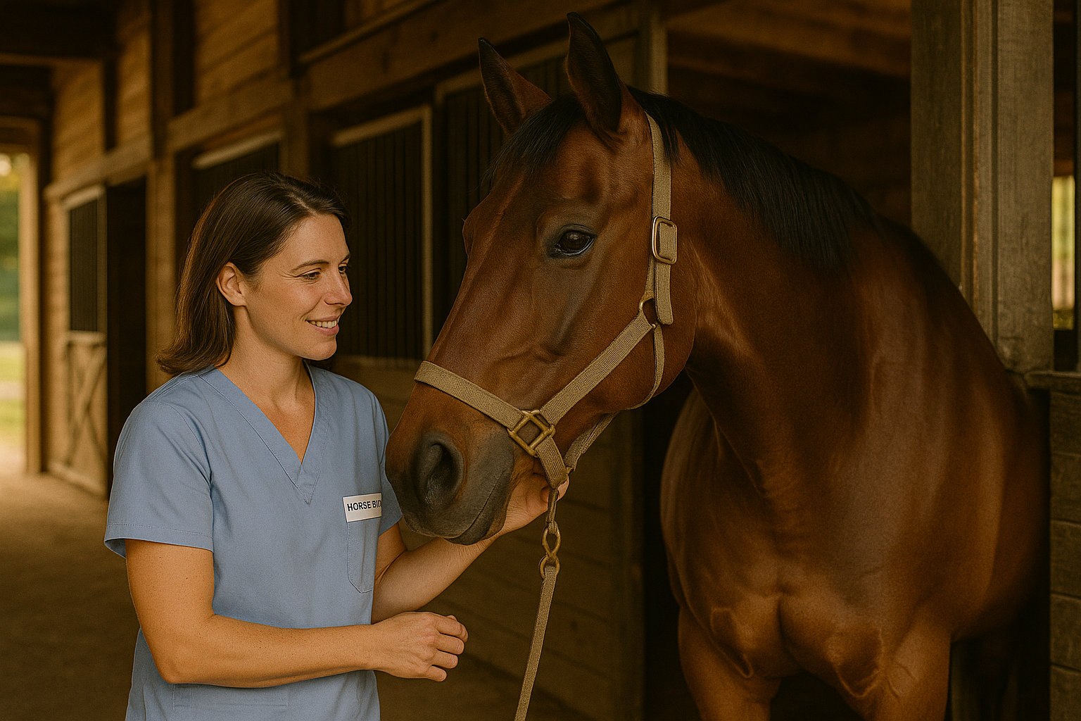 Veterinary technician in blue scrubs caring for a bay horse in a stable